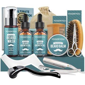 Beard Kit,Beard Grooming Kit W/Straight Razor,2 PACK Beard Oil,Beard Wash,Balm